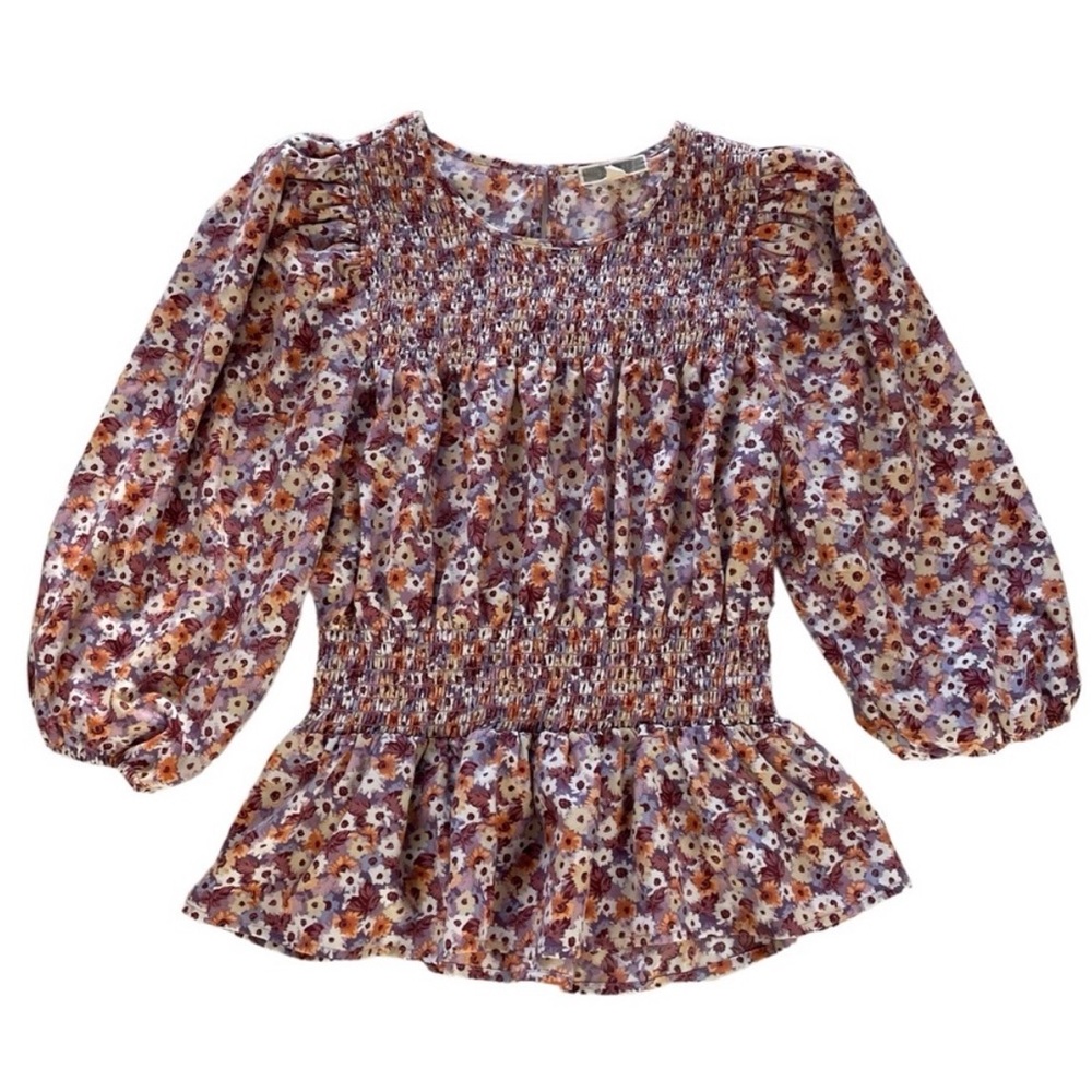 Pleione Anthropology Floral Smocked Blouse with Puff Sleeves Like New